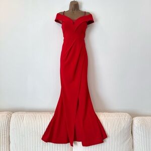 Red off the shoulder long dress with slit SIZE 4